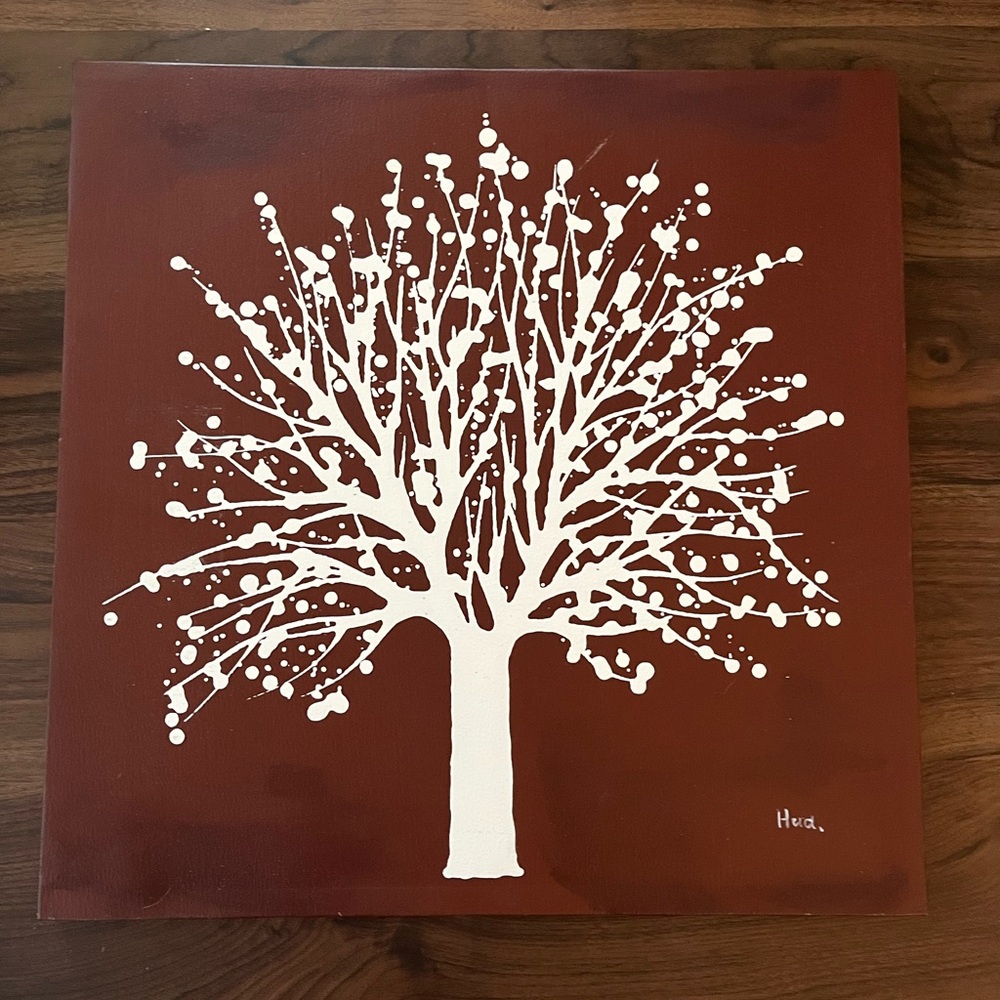 Modern White Tree on Maroon Canvas